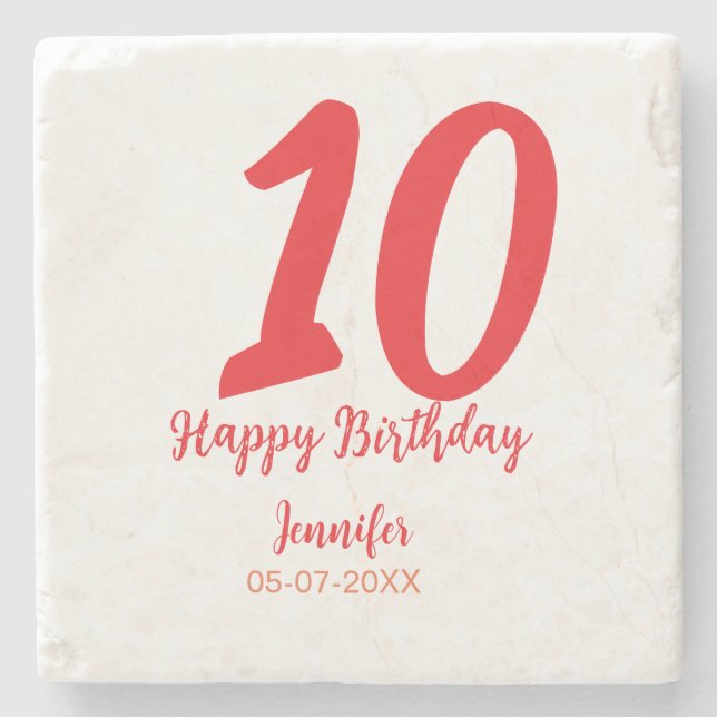 10th birthday add name date year red template  stone coaster (Front)