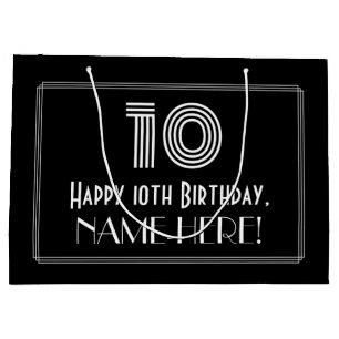 10th Birthday — Art Deco Inspired Look "10" & Name Large Gift Bag