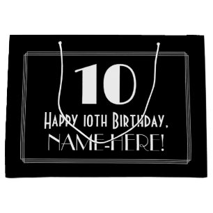 10th Birthday: Art Deco Inspired Style "10", Name Large Gift Bag