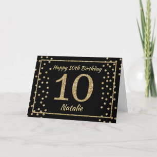 10th Birthday Black and Gold Glitter Confetti Card