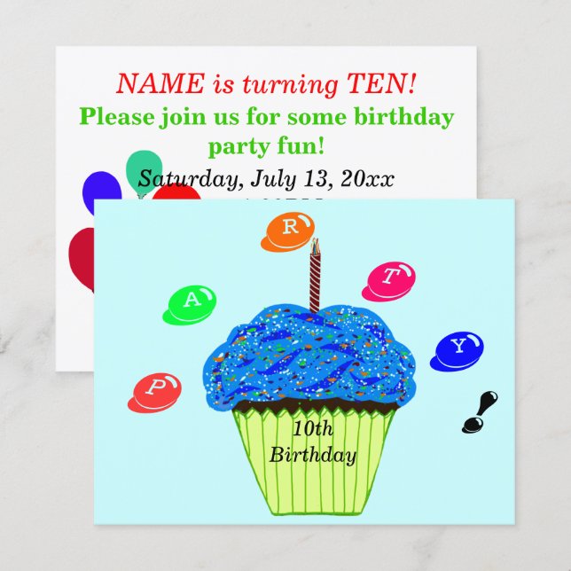 10th Birthday Blue Green Cupcakes Party Any AGE Invitation (Front/Back)