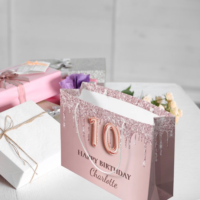 10th birthday blush pink glitter drips name large gift bag (Creator Uploaded)