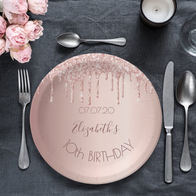 10th birthday blush rose gold glitter drips name paper plate (Creator Uploaded)