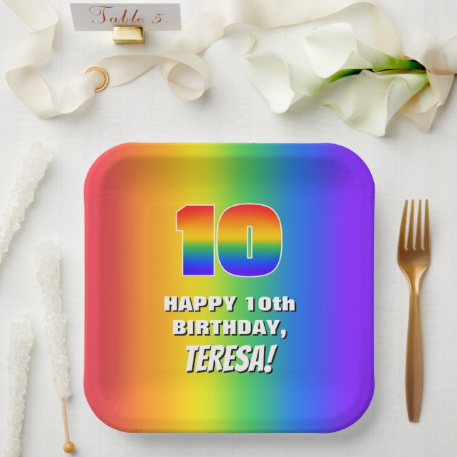 10th Birthday: Colorful, Fun Rainbow Pattern # 10 Paper Plate (Wedding)