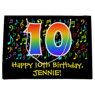 10th Birthday - Colorful Music Symbols, Rainbow 10 Large Gift Bag