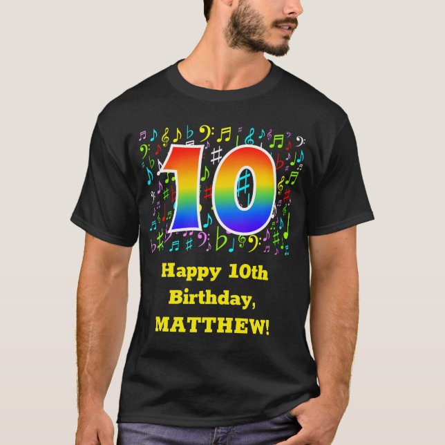 10th Birthday: Colourful Music Symbols, Rainbow 10 T-Shirt (Front)