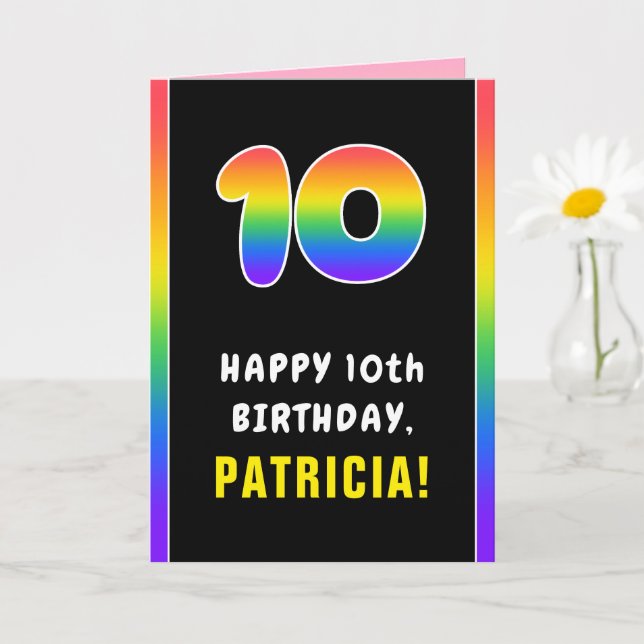 10th Birthday: Colourful Rainbow # 10, Custom Name Card (Small Plant)