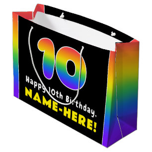 10th Birthday: Colourful Rainbow # 10, Custom Name Large Gift Bag