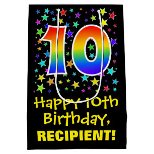 10th Birthday: Colourful Stars Pattern & Rainbow 1 Medium Gift Bag
