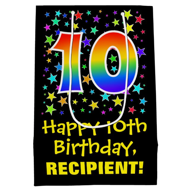 10th Birthday: Colourful Stars Pattern & Rainbow 1 Medium Gift Bag (Back)