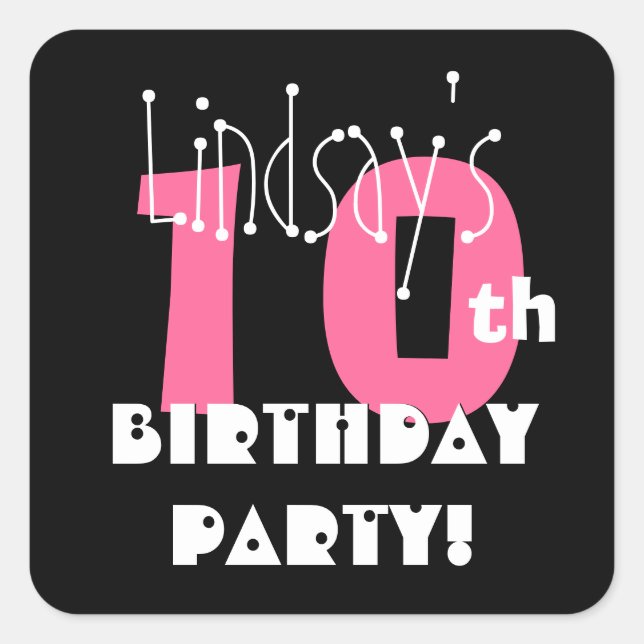 10th Birthday Custom Name Pink and Black Square Sticker (Front)