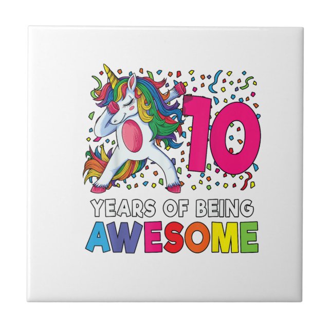 10th Birthday Dabbing Unicorn Party Gift 10 Years  Tile (Front)