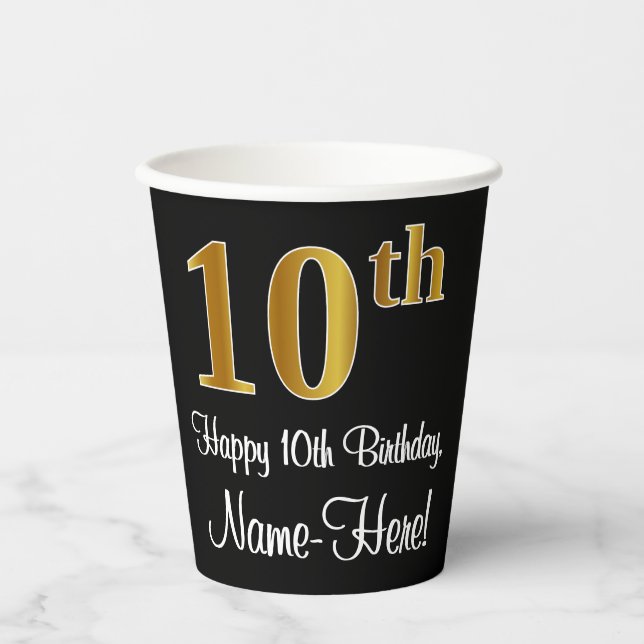 10th Birthday - Elegant Luxurious Faux Gold Look # Paper Cups (Front)