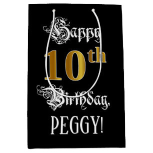 10th Birthday ~ Fancy Script; Faux Gold Look; Name Medium Gift Bag