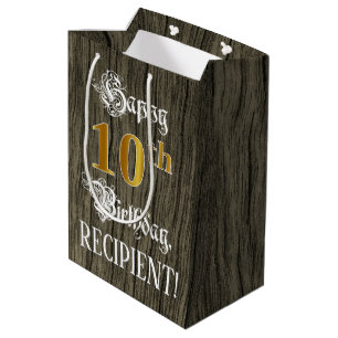 10th Birthday: Faux Gold Look & Faux Wood Pattern Medium Gift Bag