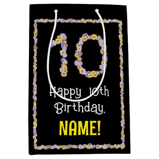 10th Birthday: Floral Flowers Number, Custom Name Medium Gift Bag (Front)