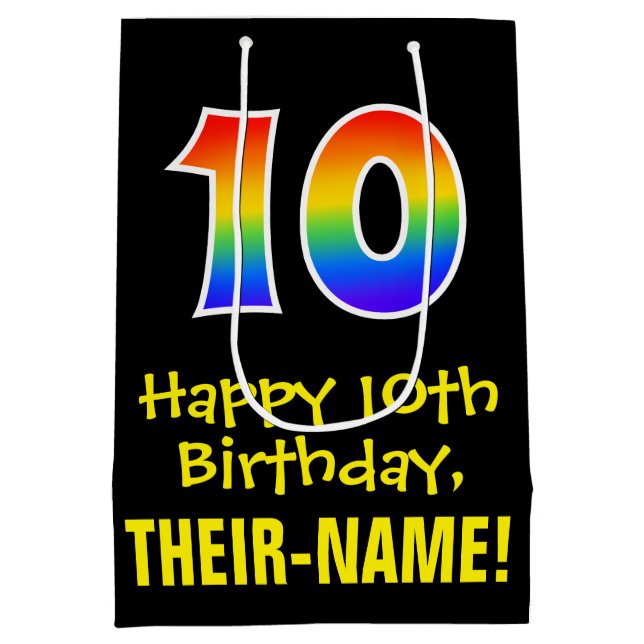 10th Birthday: Fun, Bold, Colourful, Rainbow "10" Medium Gift Bag (Back)