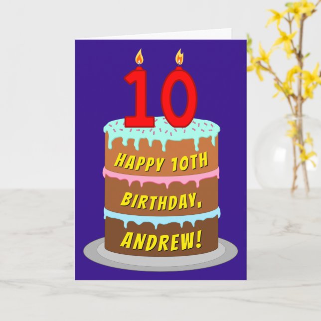 10th Birthday: Fun Cake and Candles + Custom Name Card (Yellow Flower)