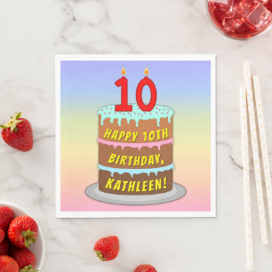 10th Birthday: Fun Cake and Candles + Custom Name Napkin