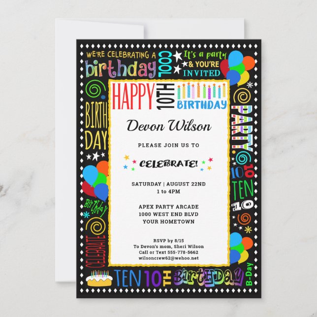 10th Birthday Fun Colour Crazy Text on Black Party Invitation (Front)