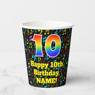 10th Birthday: Fun Music Notes Pattern, Rainbow 10 Paper Cups