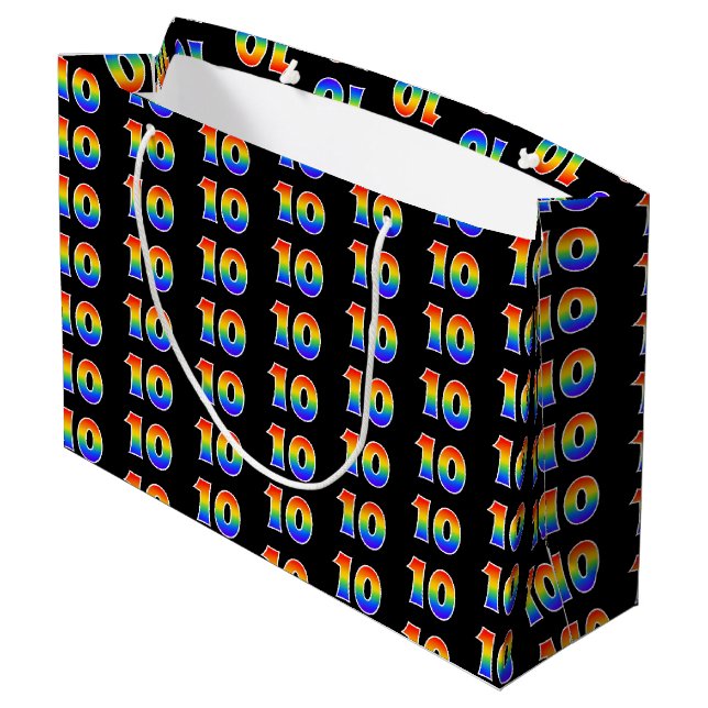 10th Birthday: Fun Rainbow Event Number 10 Pattern Large Gift Bag (Back Angled)