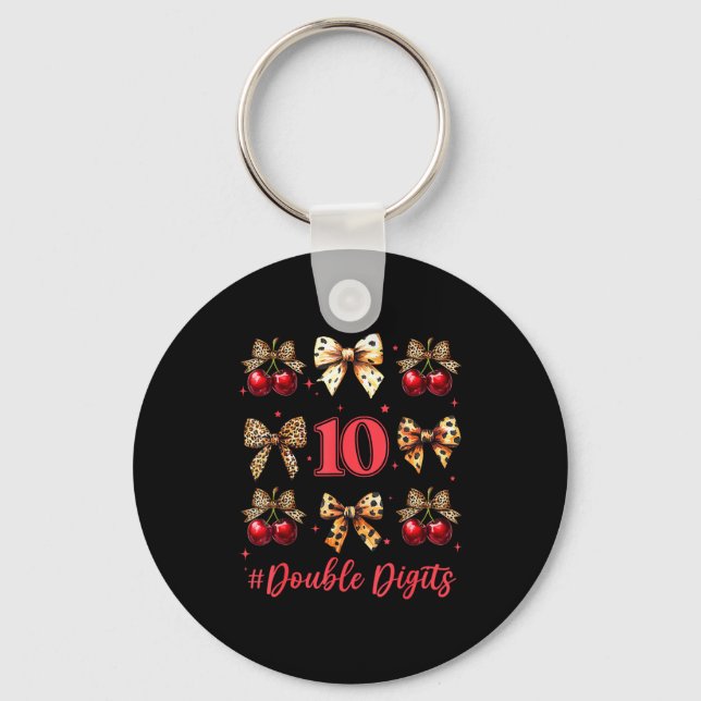 10th Birthday Girl Cherry Leopard Coquette Bow 10  Key Ring (Front)