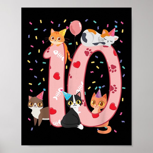 10th Birthday Girl Cute Cat Outfit 10 Years Old Bd Poster (Front)