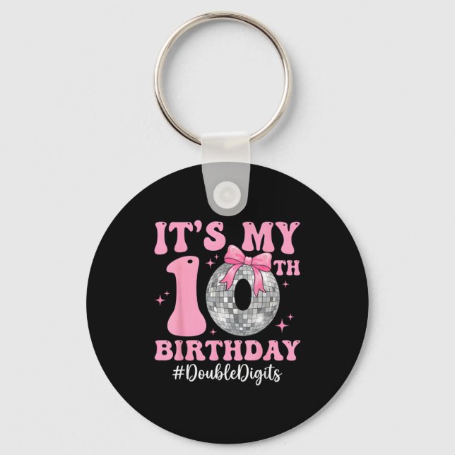 10th birthday girl double digits bow disco ball10t key ring (Front)