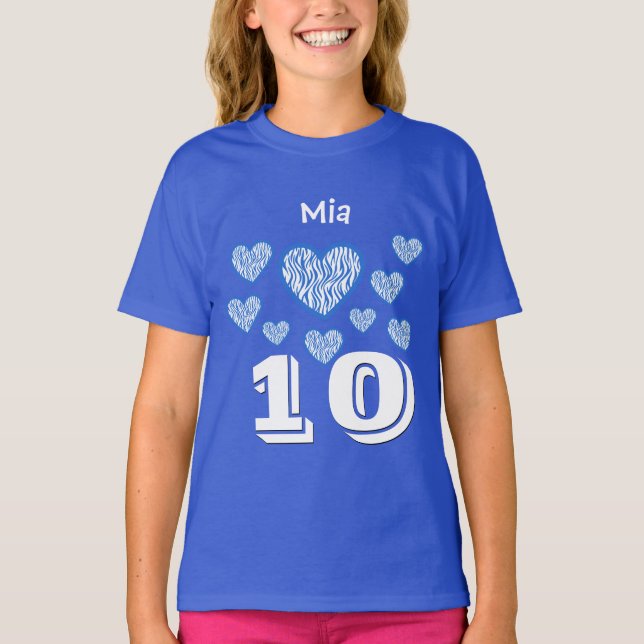 10th Birthday Girl Hearts Big Number Custom Name T-Shirt (Front)