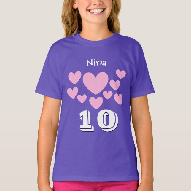 10th Birthday Girl Pink Hearts Big Number V05 T-Shirt (Front)