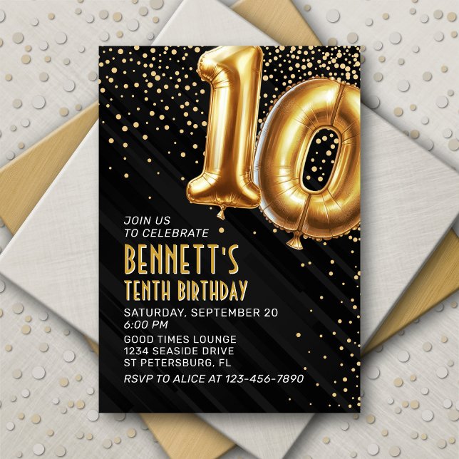 10th Birthday Gold Black Invitation (Creator Uploaded)