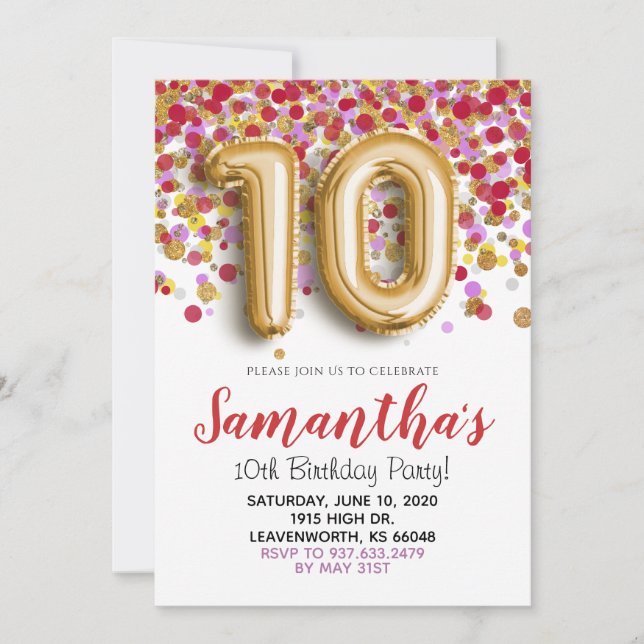 10th Birthday Gold Confetti Invitation (Front)