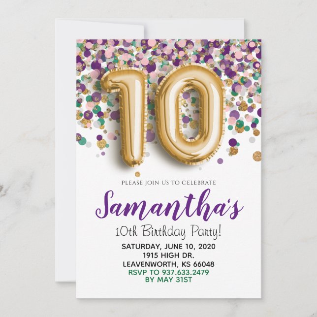 10th Birthday Gold Confetti Invitation (Front)