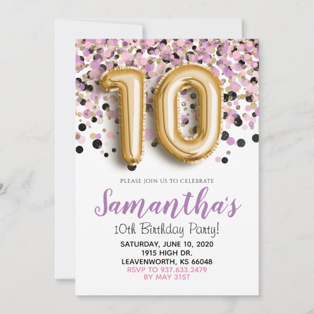 10th Birthday Gold Confetti Invitation (Front)
