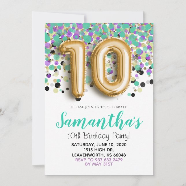 10th Birthday Gold Confetti Invitation (Front)