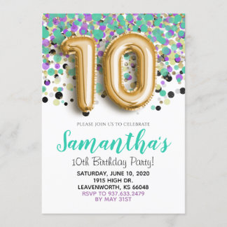 10th Birthday Gold Confetti Invitation