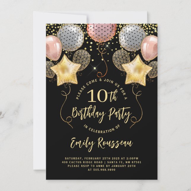 10th Birthday Gold Glitter Confetti Balloons Black Invitation (Front)