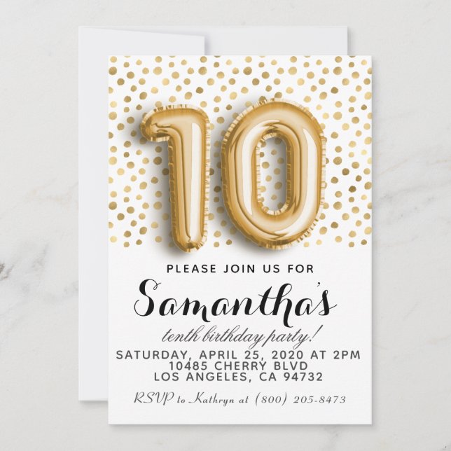 10th Birthday Gold Polkadot Invitation (Front)