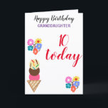 10th Birthday Granddaughter Flowers Edit AGE Card<br><div class="desc">Happy 10th Birthday Granddaughter wishes. Personalise for Anyone and Any Age. 10 Today is written in deep red script. Pretty bright coloured flowers in pink blue yellow green orange, and yummy vanilla, chocolate, strawberry sprinkled ice cream cone adorn card against white background. Leave special message inside, or personalise. Smaller colourful...</div>