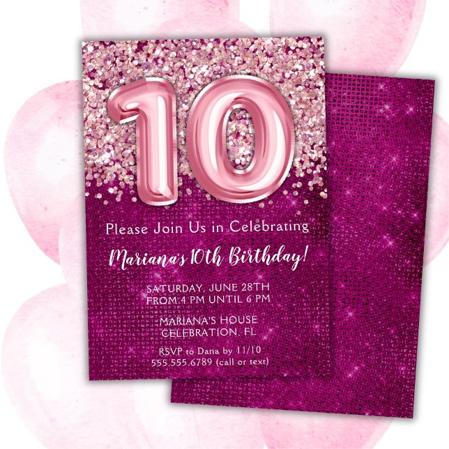 10th Birthday Invitation Girl Magenta Pink Glitter (Creator Uploaded)