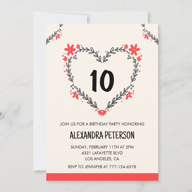 10th birthday invitations for her floral heart (Front)