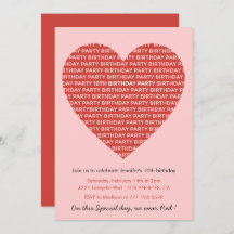 10th birthday invitations Modern Red Pink