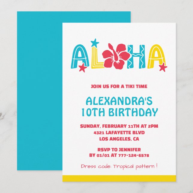 10th birthday invitations Tropical Aloha Hawaiian (Front/Back)