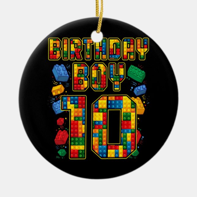 10th Birthday Master Builder 10 Years Old Block Ceramic Tree Decoration (Front)