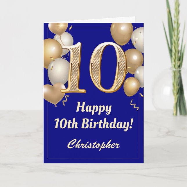10th Birthday Navy Blue and Gold Balloons Confetti Card (Front)