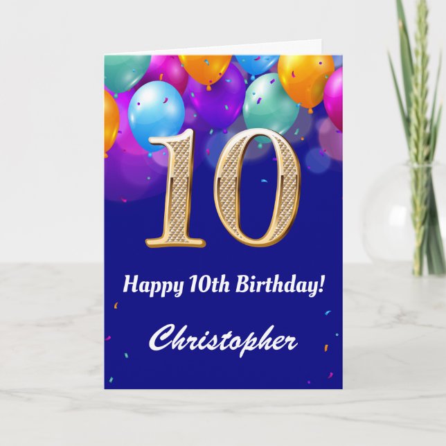 10th Birthday Navy Blue and Gold Colourful Balloon Card (Front)