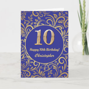 10th Birthday Navy Blue and Gold Floral Pattern Card