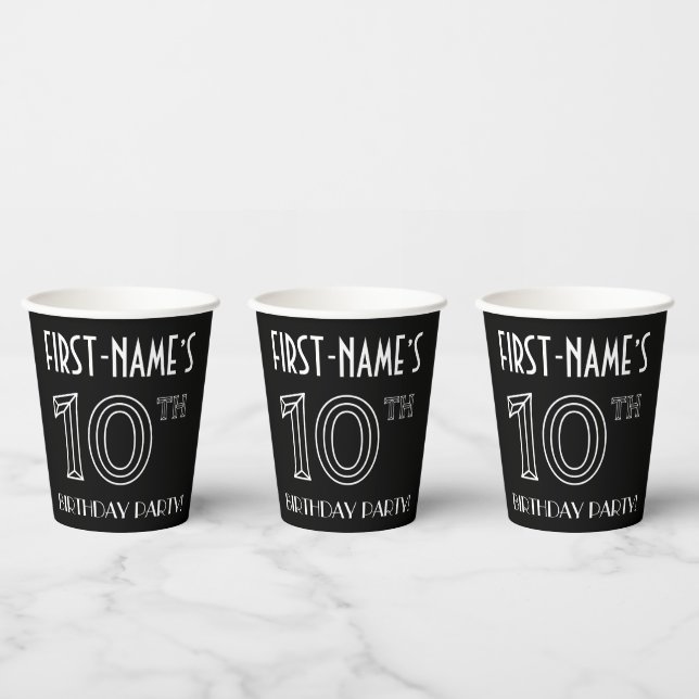 10th Birthday Party: Art Deco Style + Custom Name Paper Cups (Multi)