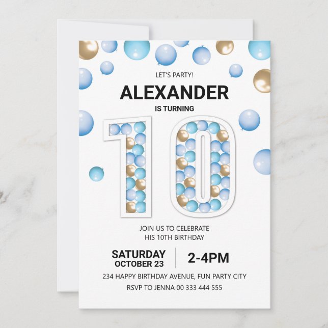 10th Birthday Party, Blue and Gold Balloon Boy Invitation (Front)